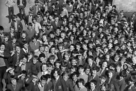 Pupils on a lunchtime break at Blessed John Rigby Grammar School, Orrell, in May 1971.
