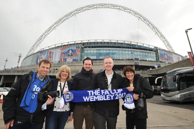 FA Cup Final, Manchester City v Wigan Athletic -  The Wigan Evening Post Wembley team, from left, photographer Nick Fairhurst, editor Janet Wilson, reporter James Illingworth, reporter Greg Farrimond and photographer Michelle Adamson.  Latics reporter Paul Kendrick was busy inside with Latics mascot son Joseph.  

As we gathered for this team shot, photographer Nick Fairhurst asked someone getting off a coach to take the photograph, which happened to be Manchester City player Vincent Kompany's wife.