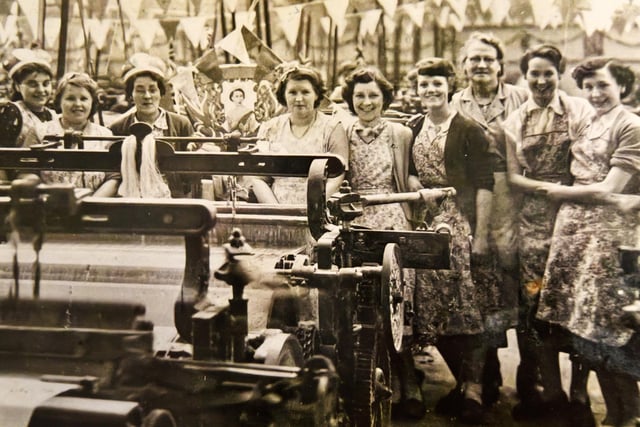 READER PICTURE - Patricia Parr from Standish now 86,  features in this photograph aged 16, celebrating the Queen's Coronation at the Weaving Shed at Enfield Mill, Pemberton - they put up bunting, flags and posters.