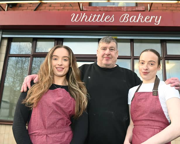 Proud dad Dave Whittle, centre with twin daughters Hannah, left, and Grace, right, who are getting ready to open Whittles Bakery on Tunstall Lane, Pemberton. They are the fourth generation of their family to run a bakery, after starting the business during lockdown.