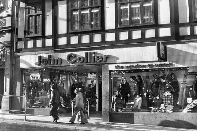 John Collier menswear shop on Standishgate, Wigan,  in the 1970s.