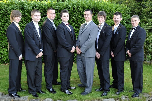 Pupils from St Edmund Arrowsmith High School at their High school prom held at Holland Hall.  from left,  David Mason, Matthew Howarth, Luke Gates, Christopher Lyon, Reece Brooks, Stephen Bradley, Nathan Griffiths and Matthew Coates.