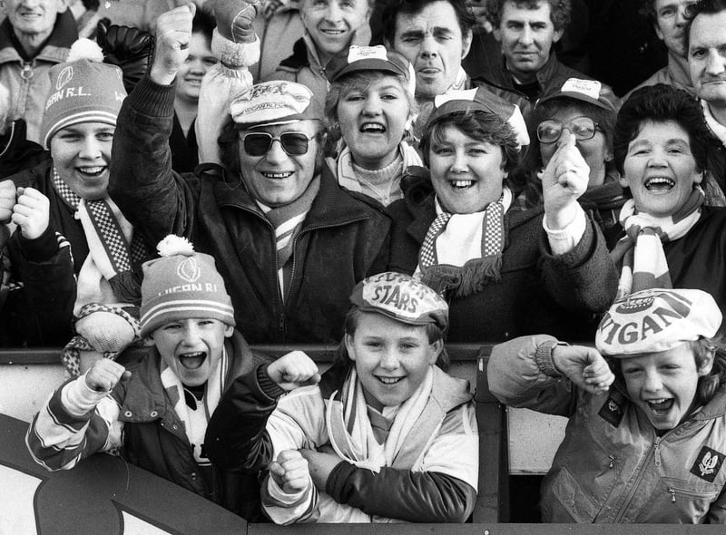 Wigan fans at the league game against St. Helens at Central Park on Boxing Day Thursday 26th of December 1985. Wigan won the match 38-14.