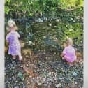 Little Alice Marsden and Harlow Lyons paddle in the brook