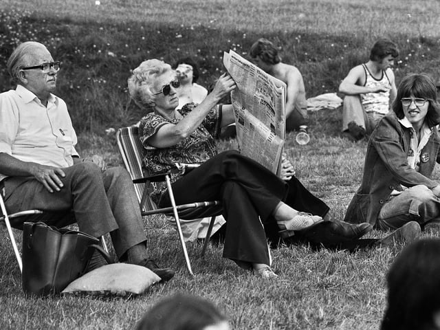 Older folk fans relax at the 1977 July Wakes Folk Festival at Park Hall, Charnock Richard.