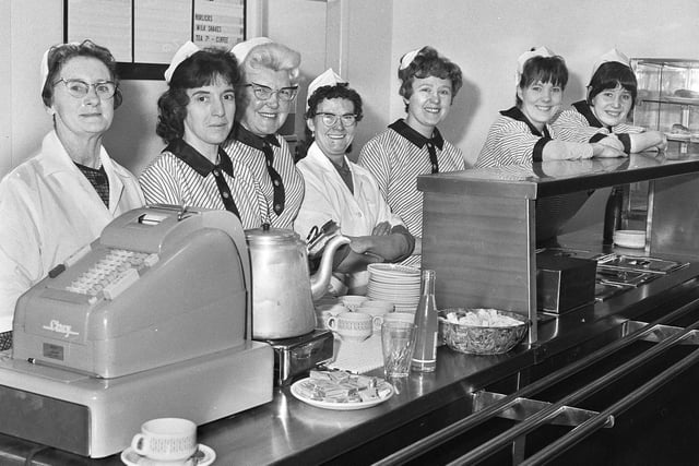 Staff in the new cafe at Lowe's store on Market Street after the official opening in March 1968.