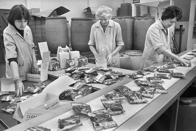 Packing cleansing herbs ready for the shops at Potter's Herbs factory in Leyland Mill Lane in March 1977.
