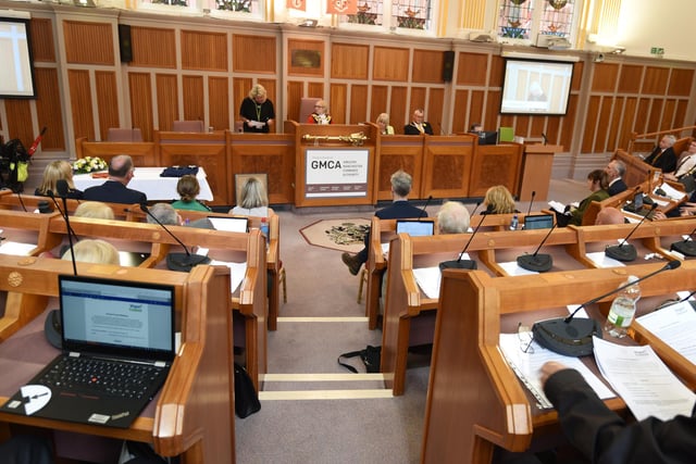 The beginning of the annual Mayor Making ceremony at Wigan Town Hall, as the outgoing Mayor Coun Yvonne Klieve, centre, starts proceedings as councillors welcome the new Mayor of Wigan Coun Marie Morgan and consort coun Clive Morgan.