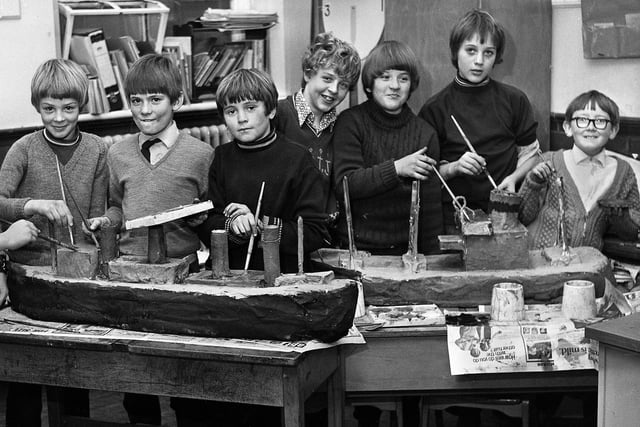 Boys of Class 1R with their papier mache boats at St. James Road County Primary School, Orrell, on Tuesday 8th of February 1972.