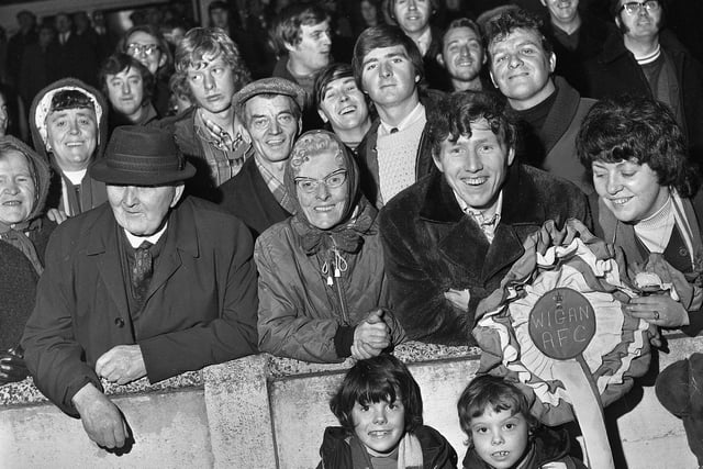 Wigan Athletic fans at the fixture against Burton Albion in an FA Trophy match at Springfield Park on Saturday 2nd of December 1972.
Latics won the match 5-0 with goals from Mickey Worswick 3, Paul Clements and Joe Fletcher.