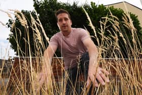 Coun Steve Jones surveys the weeds on Grange Road, Bryn