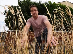 Coun Steve Jones surveys the weeds on Grange Road, Bryn