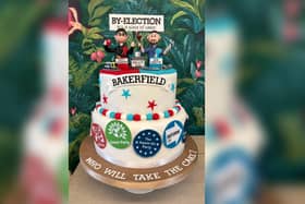 The brilliant Bakerfield by-election cake sporting figures of Mssrs Burnham and Kenyon