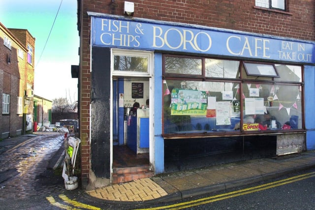 The Boro fish and chips cafe in Millgate which was closing down in December 2004.
Left of the picture is the cobbled road leading to Whalley's pet shop which was also to close down due to the Grand Arcade development.                               