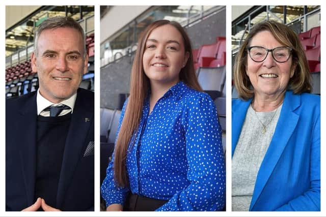 New stadium MD Neil Russell, new Latics MD Sarah Guilfoyle, and new non-executive chair Brenda Spencer
