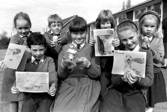 Pupils of All Saints Primary School, Appley Bridge, with the Easter cards and decorated eggs they made in 1990.