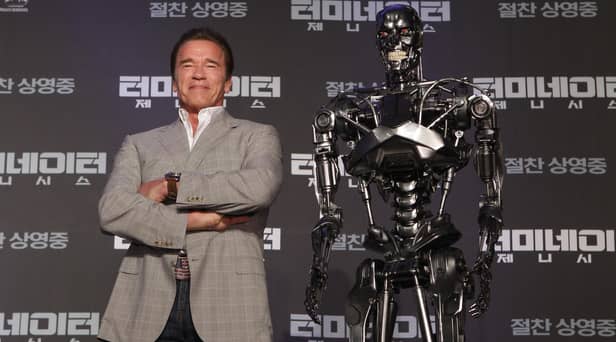'The Terminator' (left) who was played on film by Arnold Arnold Schwarzenegger. Photo: Chung Sung-Jun/Getty Images.