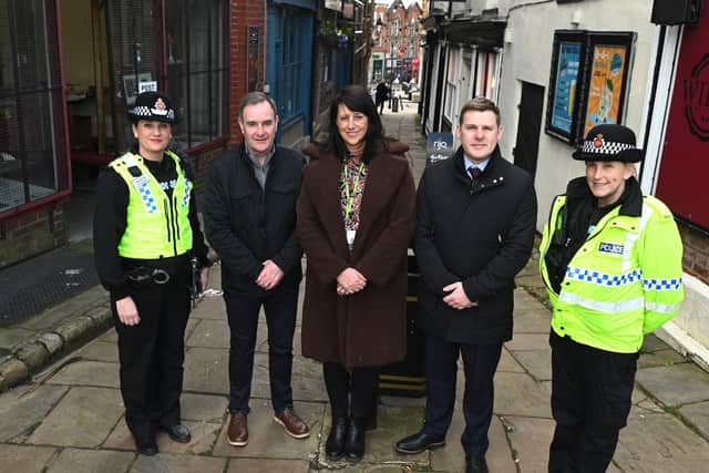 From left, Chief Supt Emily Higham, Wigan Council director of environment Paul Barton, assistant director for infrastructure and regulatory services at Wigan Council Julie Middlehurst, lead member for district centres and night-time economy Coun Dane Anderton and PC Fish.