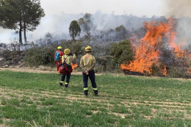 Greater Manchester firefighters tackling a wildfire in Catalonia