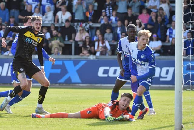 Joe Hugill scores his first league goals for Latics at Bristol Rovers last month