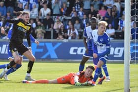 Joe Hugill scores his first league goals for Latics at Bristol Rovers last month
