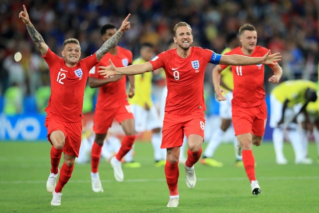 England's Harry Kane and team mates celebrate winning the penalty shoot out during the FIFA World Cup in 2018