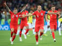 England's Harry Kane and team mates celebrate winning the penalty shoot out during the FIFA World Cup in 2018