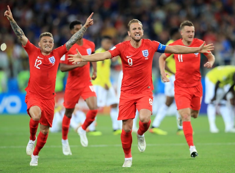 England's Harry Kane and team mates celebrate winning the penalty shoot out during the FIFA World Cup in 2018