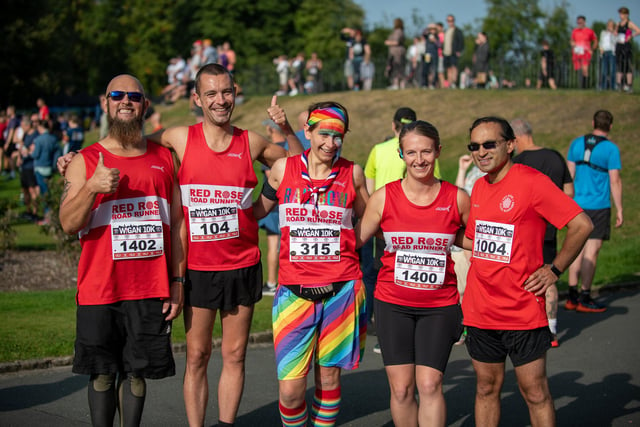 The 10th annual Wigan 10k, Mesnes Park Wigan. Pictured; Red Rose Road Runners(from Left to Right) John Wells, Matt Holmes, Sam Edwards, Beckie Wells, Joydip Majumder.