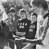Harold Wilson, who had resigned as Prime Minister 4 days earlier, presents awards at the English Schools Swimming International organised by local teachers at Wigan International Pool on Saturday 20th of March 1976.