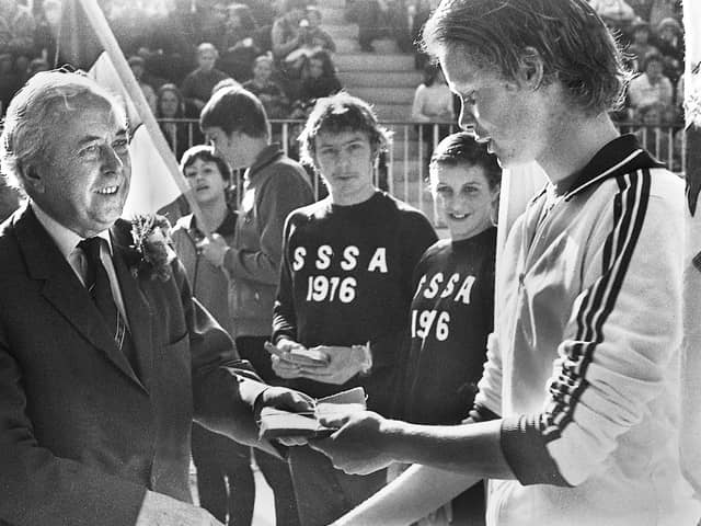 Harold Wilson, who had resigned as Prime Minister 4 days earlier, presents awards at the English Schools Swimming International organised by local teachers at Wigan International Pool on Saturday 20th of March 1976.