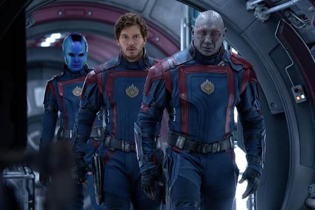 Karen Gillan as Nebula, Chris Pratt as Peter Quill/Star-Lord, and Dave Bautista as Drax in Marvel Studios' Guardians of the Galaxy Vol. 3. PIC: Jessica Miglio / MARVEL