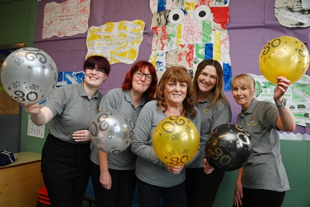 Staff at ABC Nursery and Pre-School, Orrell, celebrate their 30th anniversary who have worked at the nursery for many year, from left, Amanda Stick (17 years), Nicola Cunliffe (30 years), owner Eileen Rigby (30 years), Karen Phillpotts (16 years) and Sarah Bramwell (25 years).