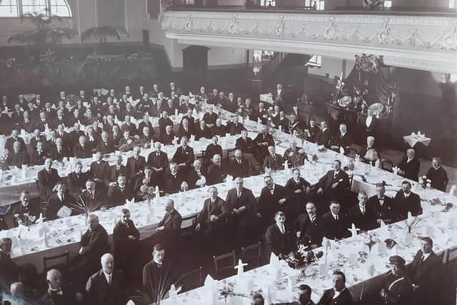 Martha Hogg (bottom right) - the only woman in the room at a Wigan mayoral banquet in 1922
