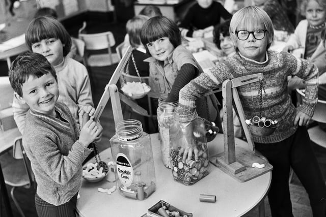 Pupils weighing things up at Beech Hill Primary School in June 1977.