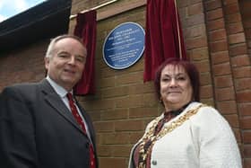 From left: Tristram Charnley and the Mayor of Wigan Borough Coun Debbie Parkinson, at the ceremony for the Wigan Council Blue Plaque unveiling celebrating Prof Sir John Charnley