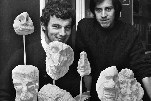 Sculptures in chalk by Michael Doonigan and Angus McFaggot as part of upper sixth form art work at Blessed John Rigby Grammar School, Orrell, in May 1971.