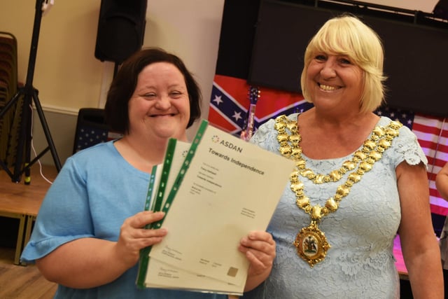 The Mayor of Wigan Coun Marie Morgan presents certificates to students at ACE (Achieve, Create, Enjoy) Adult Community Education Wigan and Leigh, at the awards celebration evening, held at St Peter's Pavilion, Hindley.