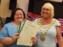 The Mayor of Wigan Coun Marie Morgan presents certificates to students at ACE (Achieve, Create, Enjoy) Adult Community Education Wigan and Leigh, at the awards celebration evening, held at St Peter's Pavilion, Hindley.