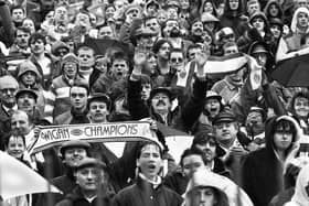 Wigan fans celebrate victory against Salford in the Challenge Cup semi-final at Burnden Park, Bolton, on Saturday 12th of March 1988.
Wigan won 34-4.