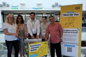 Councillor Susan Gambles, Jo Mitchell, Gabe Fell, Jo Rooney and Councillor Chris Ready launch the donation stations