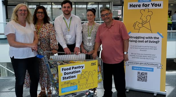 Councillor Susan Gambles, Jo Mitchell, Gabe Fell, Jo Rooney and Councillor Chris Ready launch the donation stations