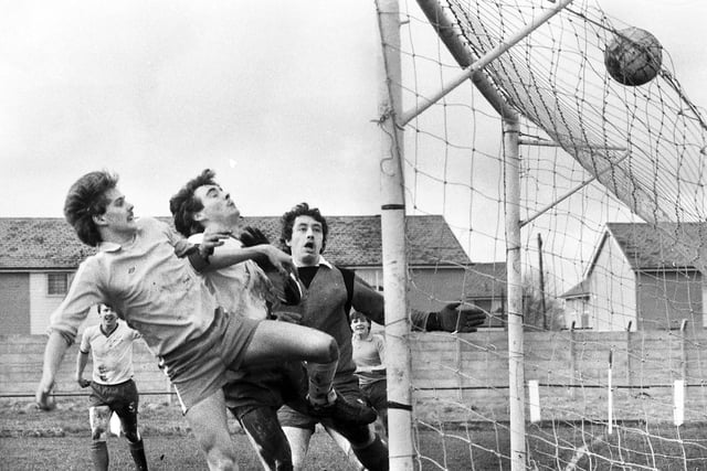 Graham Rigby heads home the goal which won the Lancashire Inter League Trophy final 1-0 for the Post and Chronicle Sunday League team against Oldham at Irlam Town's ground on Sunday 20th of March 1983.