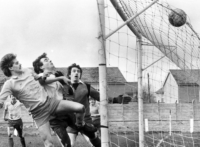 Graham Rigby heads home the goal which won the Lancashire Inter League Trophy final 1-0 for the Post and Chronicle Sunday League team against Oldham at Irlam Town's ground on Sunday 20th of March 1983.
