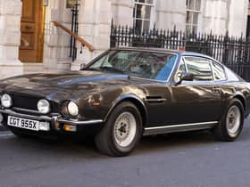 Library image of an Aston Martin V8 Vantage outside Christie's auction house in central London for the Sixty Years of James Bond auction.