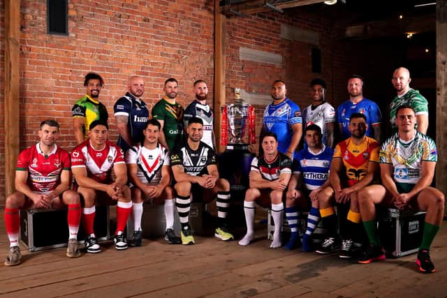 (Top row, left to right) Jamaica's Ashton Golding, Scotland's Dale Ferguson, Australia's James Tedesco, England's Sam Tomkins, Samoa's Junior Paulo, Fiji's Kevin Naiqama, Italy's Nathan Brown and Ireland's George King. (Bottom row, left to right) Wales' Elliot Kear, Tonga's Jason Taumalolo, France's Benjamin Garcia, New Zealand's Jesse Bromwich, Lebanon's Mitchell Moses, Greece's Jordan Meads, Papua New Guinea's Rhyse Martin and The Cook Island's Brad Takairangi during the Rugby League World Cup 2021 tournament launch at the Museum of Science and Industry in Manchester.