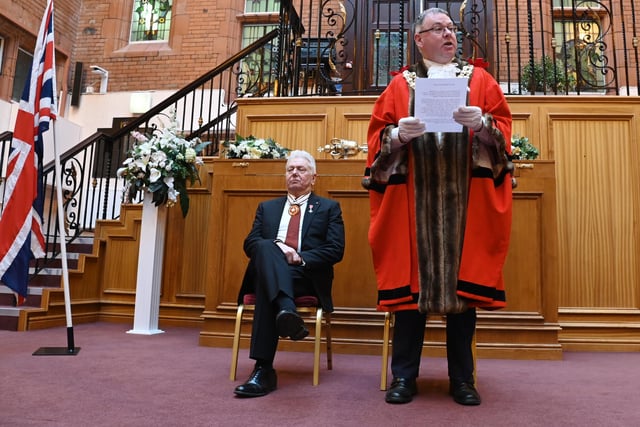 The Mayor of Wigan Coun Kevin Anderson, right, speaks at the ceremony, pictured with Greater Manchester Deputy Lieutenant Martin Ainscough, left.