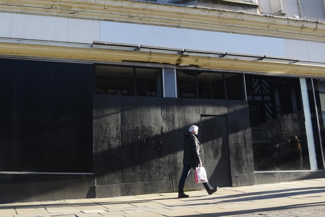 The former Marks and Spencer M&S shop, Standishgate, Wigan - the windows are used as an art space with regularly changing exhibitions.