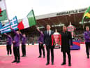 Jason Robinson helped to carry out the men's World Cup trophy (Photo by Alex Livesey/Getty Images for RLWC)