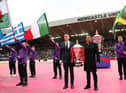 Jason Robinson helped to carry out the men's World Cup trophy (Photo by Alex Livesey/Getty Images for RLWC)
